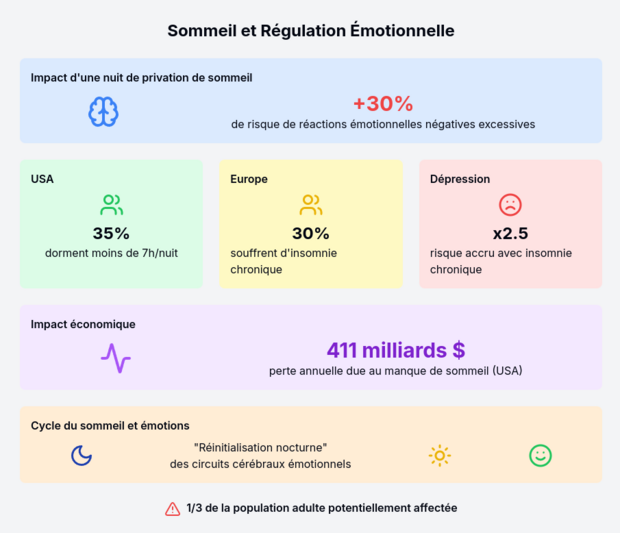 Cette infographie visuelle inclut les éléments clés suivants :  L'impact d'une nuit de privation de sommeil sur les réactions émotionnelles (+30%). Les statistiques de manque de sommeil aux USA (35%) et en Europe (30%). Le risque accru de dépression lié à l'insomnie chronique (x2.5). L'impact économique du manque de sommeil aux USA (411 milliards $). Une représentation du cycle du sommeil et son effet sur les émotions. Un avertissement final soulignant qu'un tiers de la population adulte pourrait être affecté.